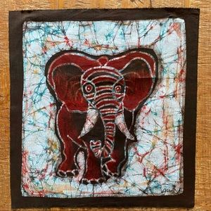African Batik Elephant Hand Dyed Fabric Panel by Artist Theodore Asshola